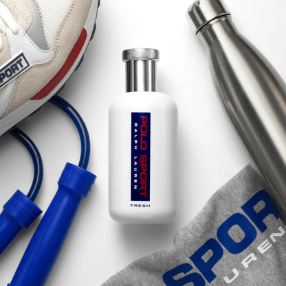 Polo Sport Ralph Lauren product with a shoe, water bottle, and jump rope on a white background