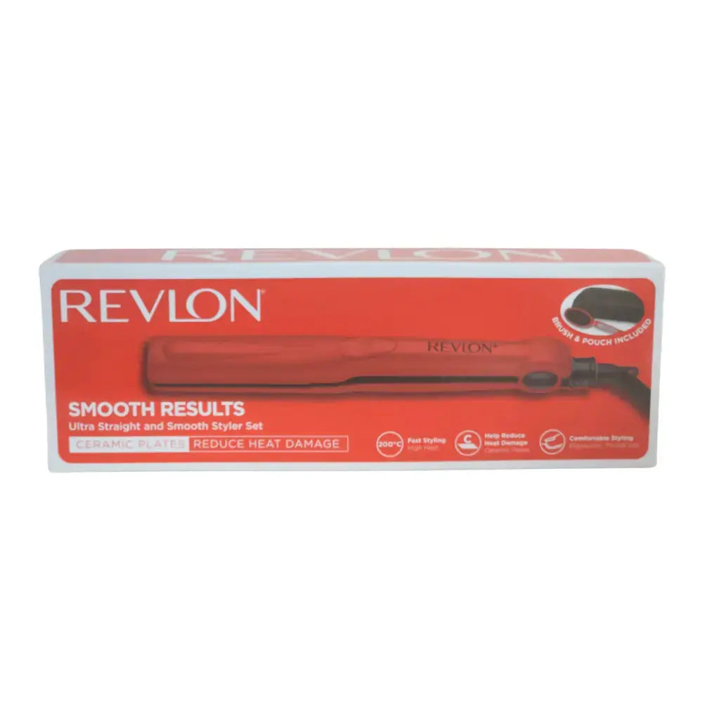 Revlon Smooth Results Styler Set Red Styling Iron + Brush + Pouch Revlon