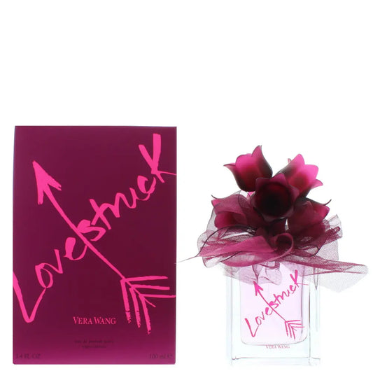 Vera Wang Lovestruck Eau de Parfum 100ml bottle with pink packaging and a decorative pink flower on top.