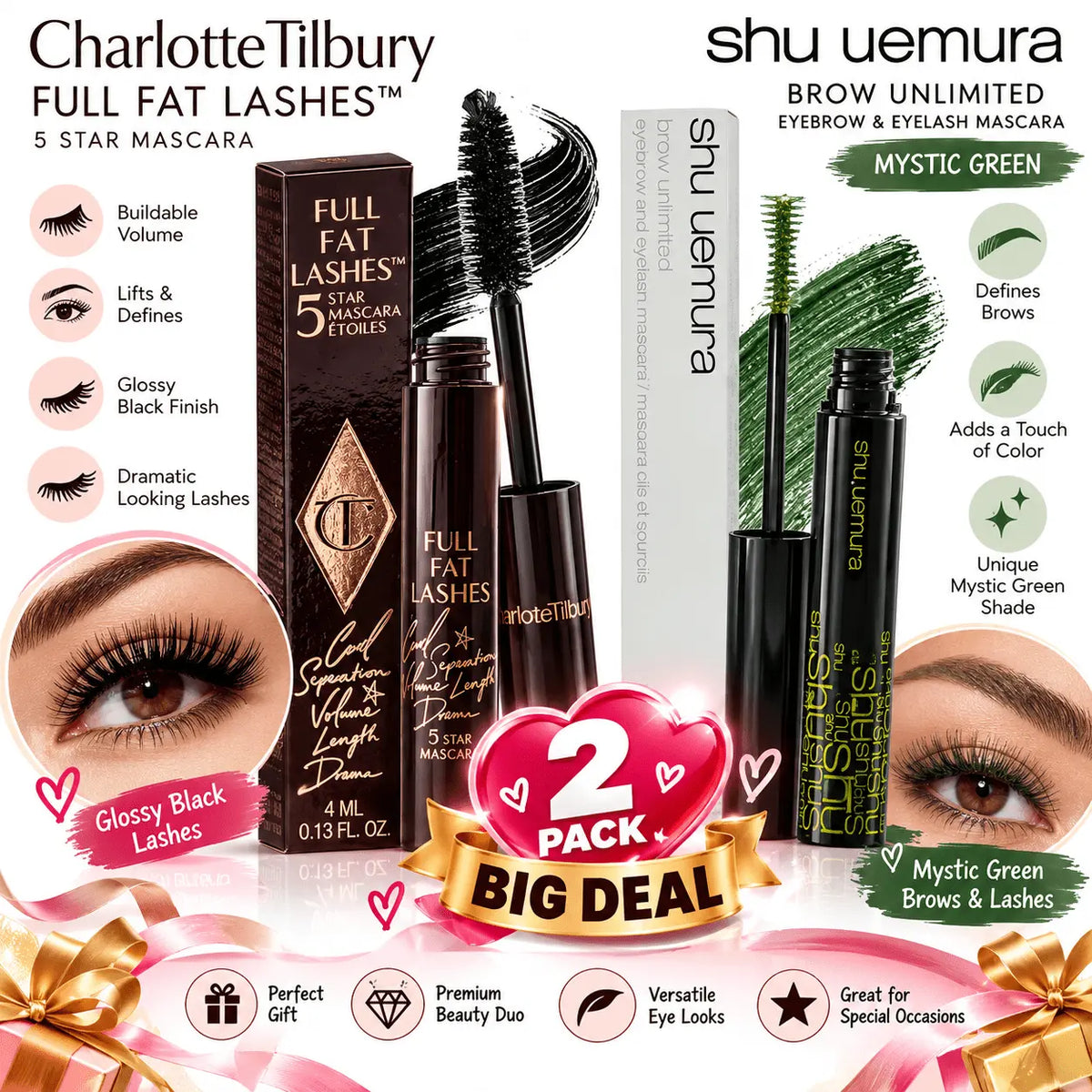 Charlotte Tilbury Full Fat 5 Star Glossy Black Mascara 4ml & Shu Uemura Brow Unlimited Mascara 4.4ml – Black & Mystic Green Eye Makeup Duo The Beauty Store