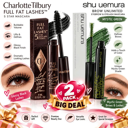 Charlotte Tilbury Full Fat 5 Star Glossy Black Mascara 4ml & Shu Uemura Brow Unlimited Mascara 4.4ml – Black & Mystic Green Eye Makeup Duo The Beauty Store