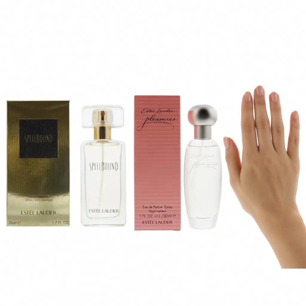 Estee Lauder Pleasures Eau de Parfum Spray 30ml & Estee Lauder Spellbound Eau de Parfum 50ml Fresh Clean Floral & Rich Warm Oriental Feminine Fragrance Duo Gift Set | Compact & Full Size Luxury EDP Perfume Bundle The Beauty Store