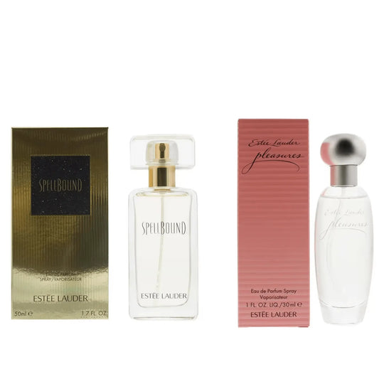 Estee Lauder Pleasures Eau de Parfum Spray 30ml & Estee Lauder Spellbound Eau de Parfum 50ml Fresh Clean Floral & Rich Warm Oriental Feminine Fragrance Duo Gift Set | Compact & Full Size Luxury EDP Perfume Bundle The Beauty Store