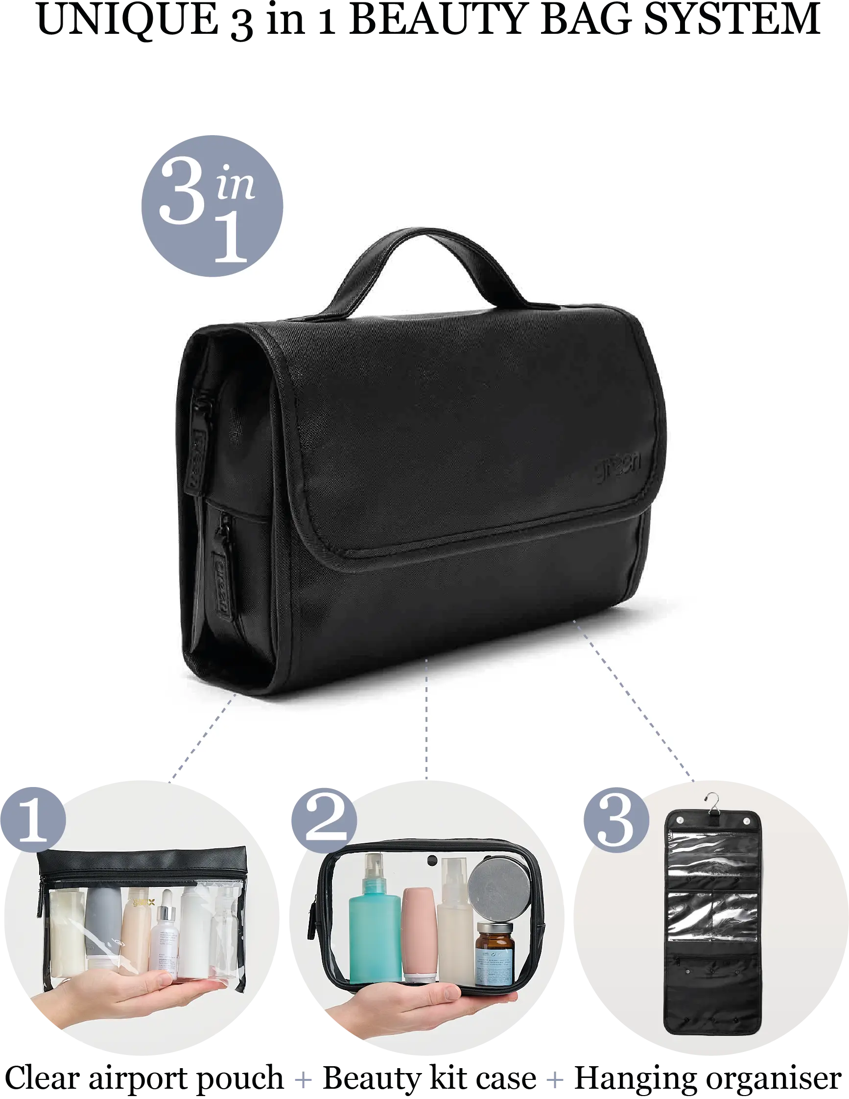 'Emma' 3 in 1 Hanging Wash Bag in Black Victoria Green