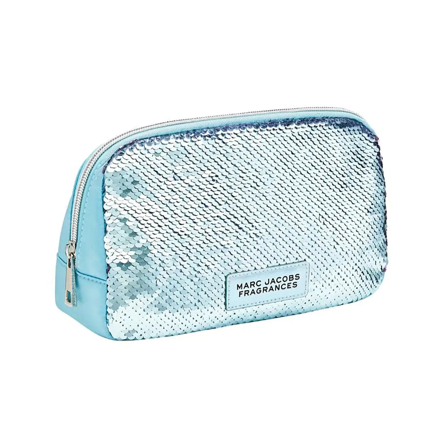 Blue sequin pouch with 'Marc Jacobs Fragrances' logo on a white background