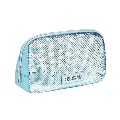 Blue sequin pouch with 'Marc Jacobs Fragrances' logo on a white background