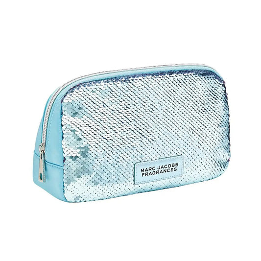 Blue sequin pouch with 'Marc Jacobs Fragrances' logo on a white background