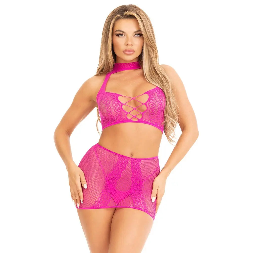 Leg Avenue Halter Crop Top and Mini Skirt Pink Leg Avenue