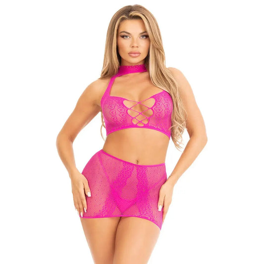 Leg Avenue Halter Crop Top and Mini Skirt Pink Leg Avenue