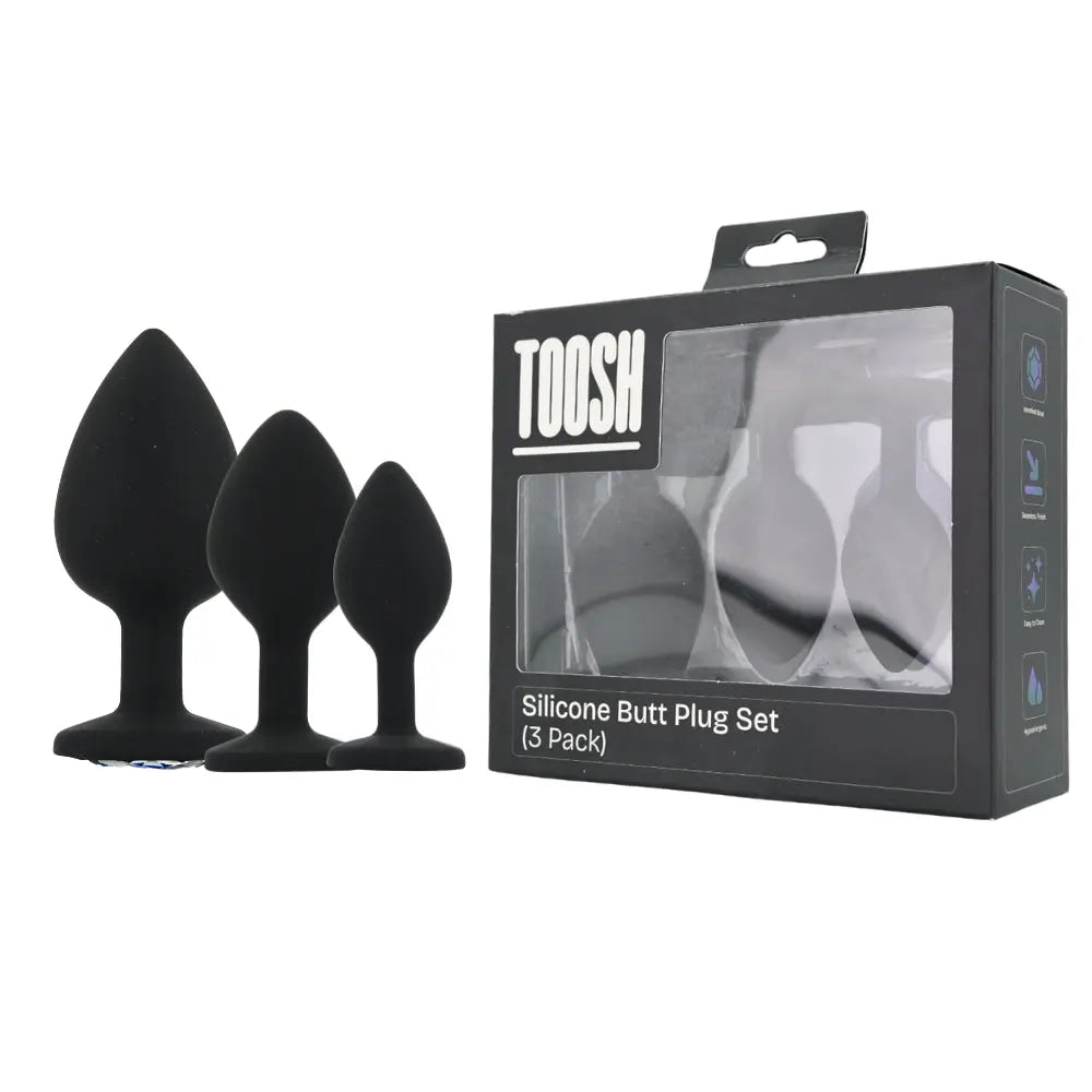 Toosh Silicone Butt Plug Black Set of 3 Clear Stone Toosh